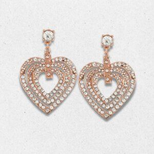Betsey Johnson Pierced Earrings Rhinestone Double Heart Drop Metal Gold Women's